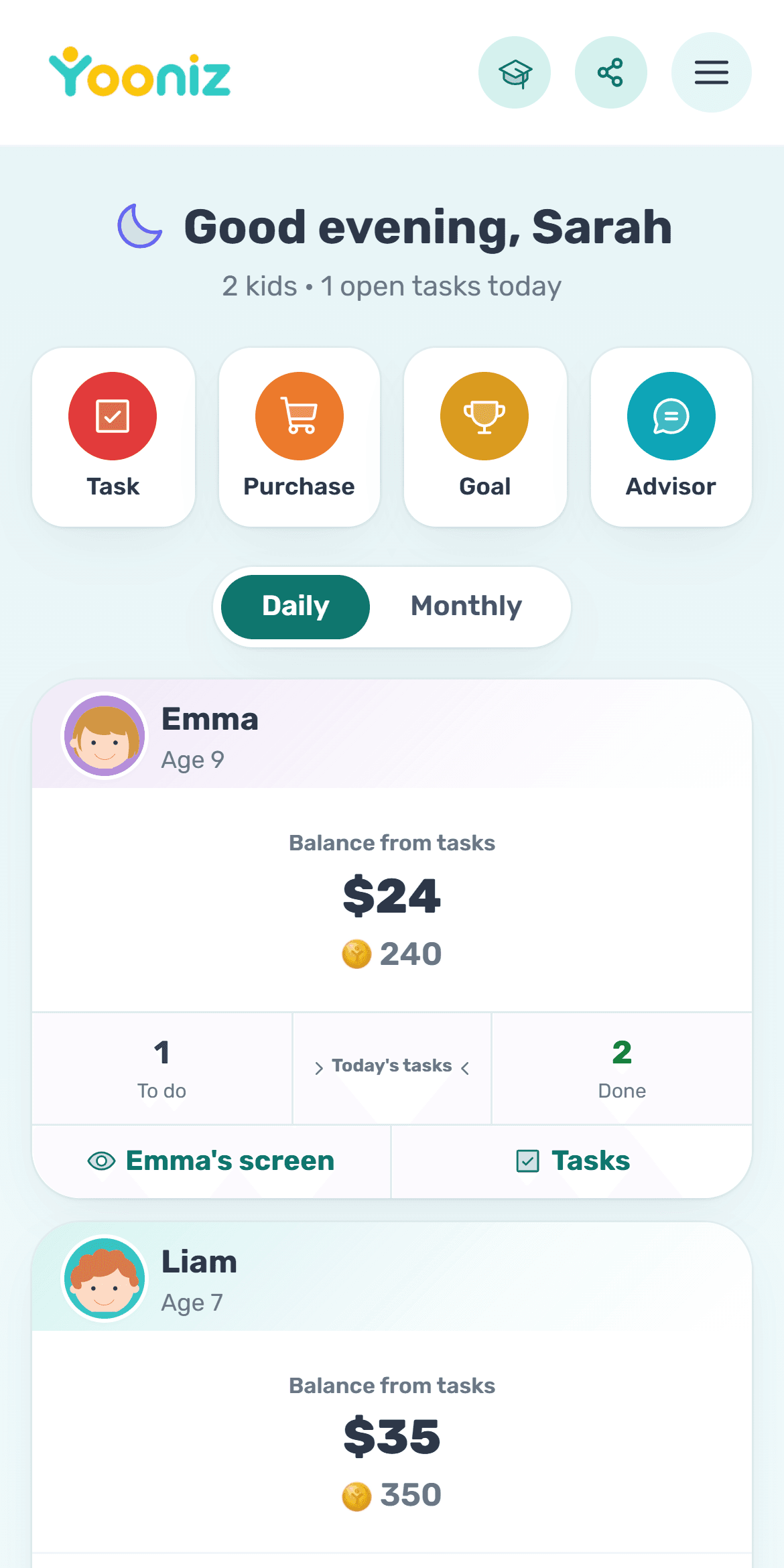 The parent dashboard in Yooniz
